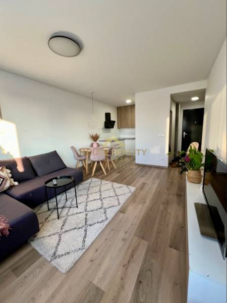 Living area of a 2-room apartment with a wooden decor floor and a sofa.