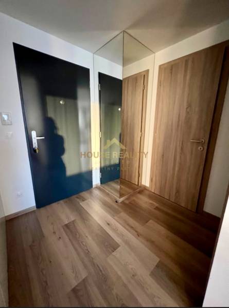 A hallway in a 2-room apartment with a wooden decor floor and a built-in wardrobe.