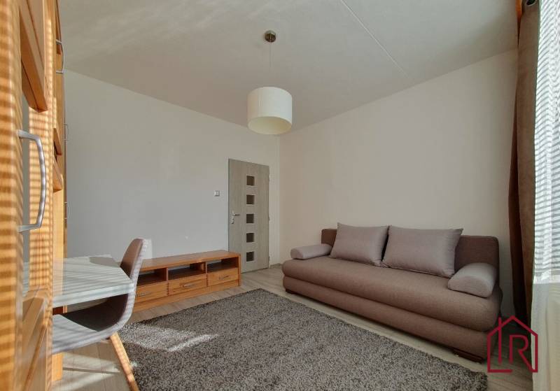 Living room in a three-room apartment with a sofa, carpet, and floor with a wooden decor.