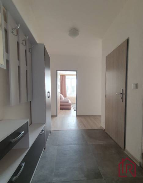 Hallway in a 3-room apartment, with a view of a room with a wood-patterned floor.