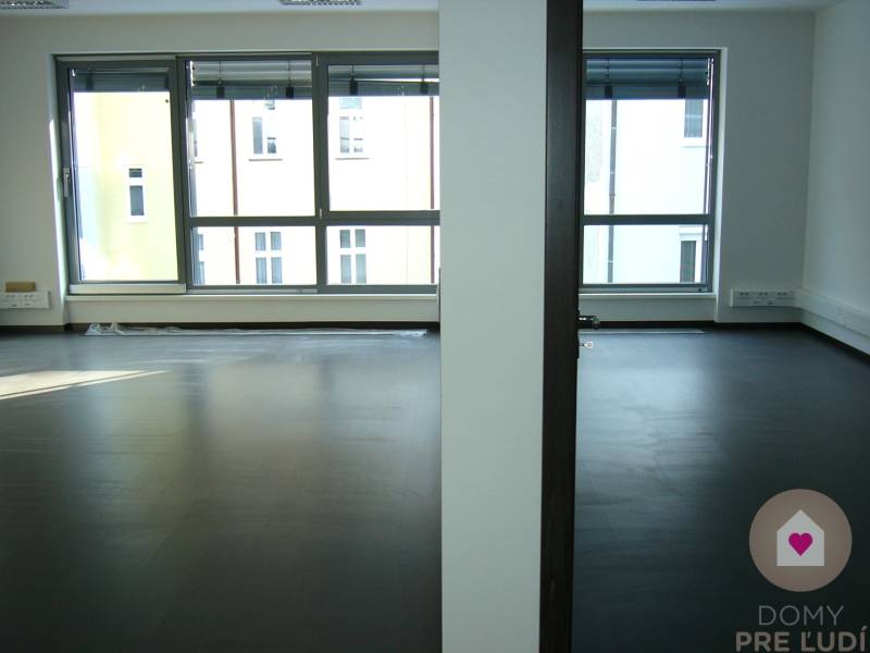 Offices with large windows and wooden decor flooring.