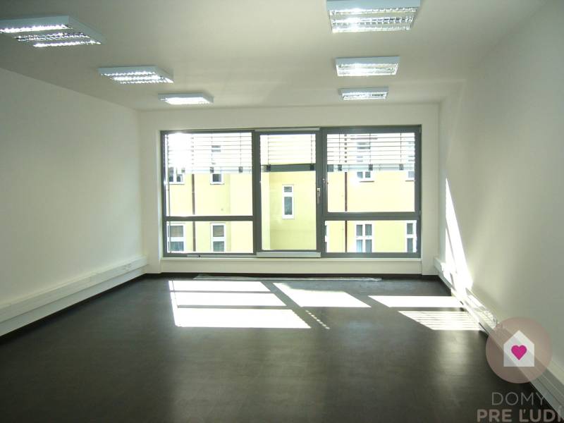 A bright office with a large window and a wooden decor floor.