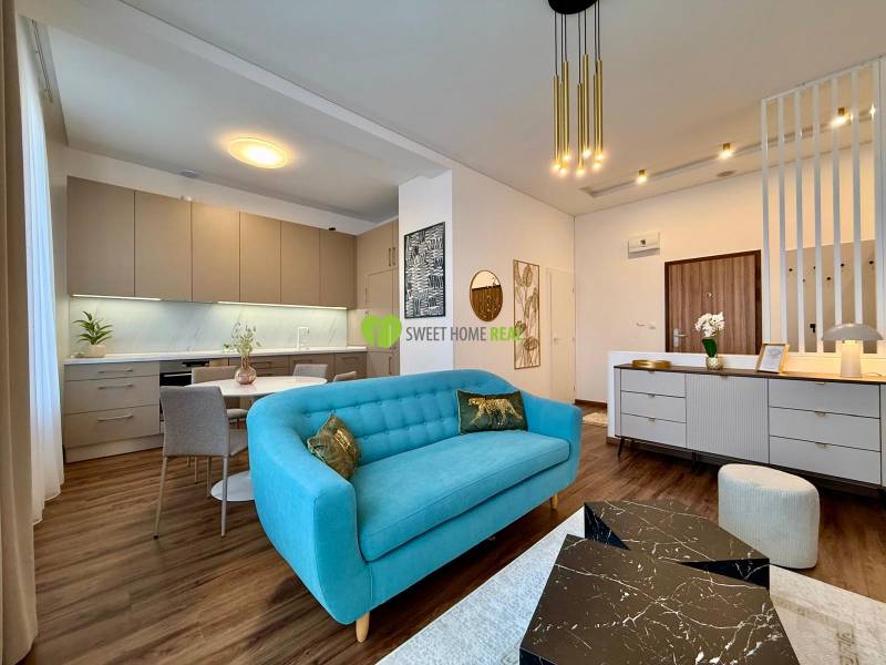 Living room in a two-room apartment with a wooden decor floor and a blue sofa.