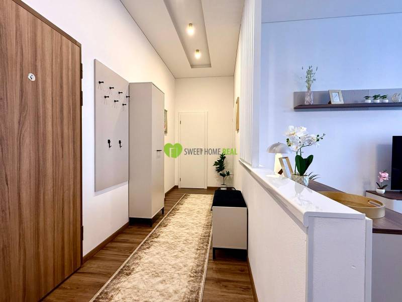 Entrance hall in a 2-room apartment, with a wooden decor floor and a white wall.