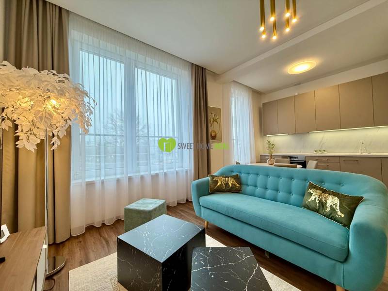 Living room in a two-room apartment with wooden decor, a blue sofa, and a kitchen unit.