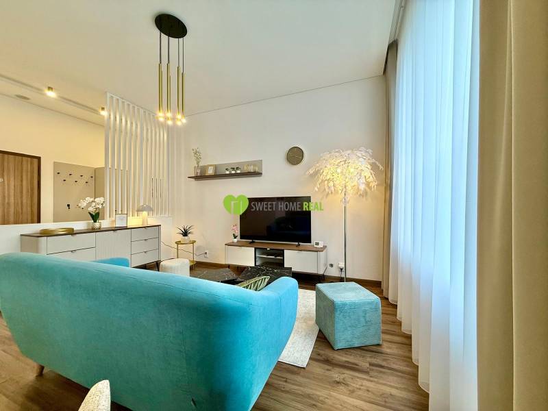 Living room of a two-room apartment with a turquoise sofa, light-colored wall, and floor with a wood decor.