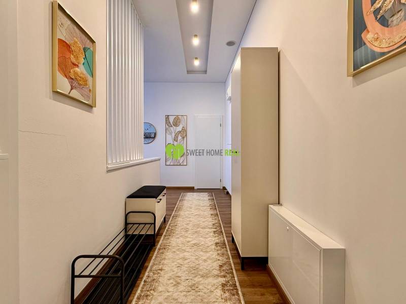 A hallway in a 2-room apartment with a wooden decor floor and artistic paintings.
