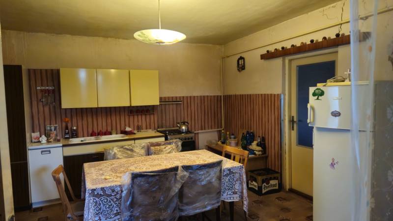 Kitchen in a family house with a dining table, kitchen unit, and refrigerator.
