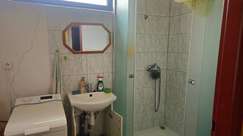 A bathroom in a family house with a shower, a sink, and a washing machine.