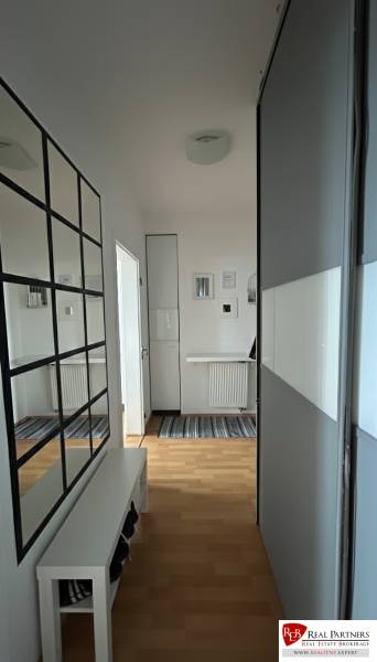 Hallway in a 2-room apartment with a wood-patterned floor and a mirror.