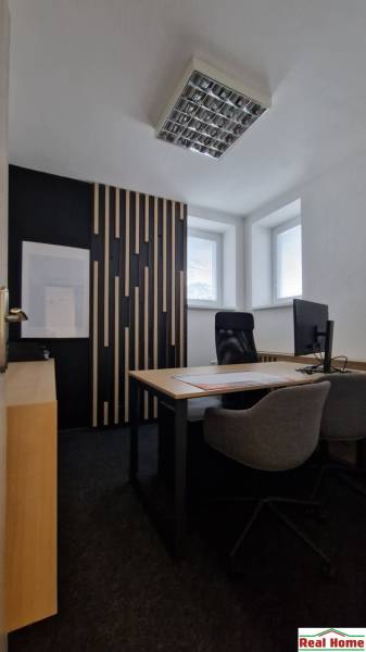 Offices with a desk, chairs, and a prominent wall with wooden slats, with light from the windows.