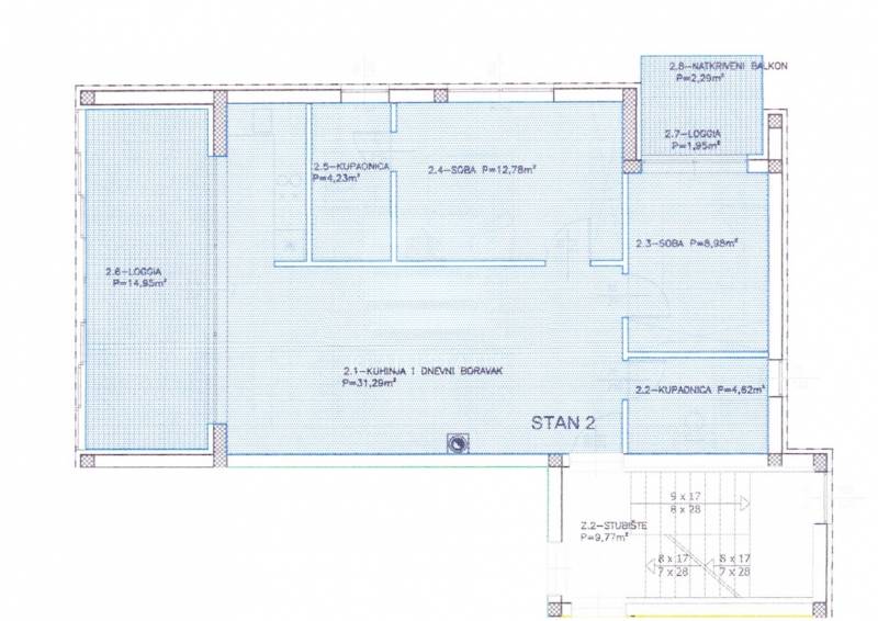 Floor plan of a 3-room apartment with displayed rooms and a loggia.