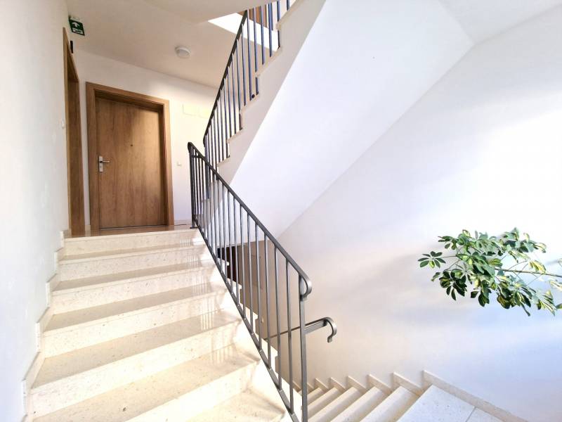 A bright staircase with a railing and a plant next to the entrance of a 3-room apartment.