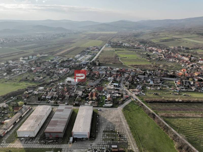 Aerial view of the manufacturing facilities around Pezinská Street in the town of Vinosady.
