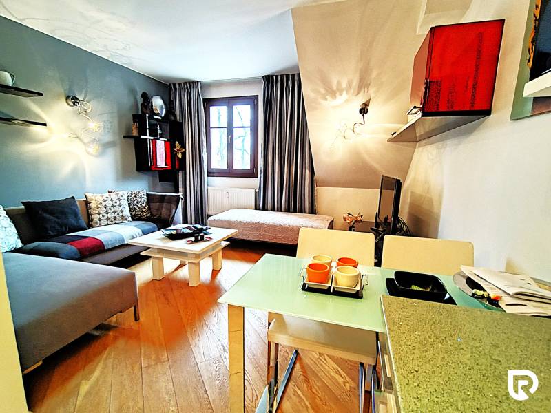 Living room in a two-room apartment with a wooden decor floor and comfortable seating.