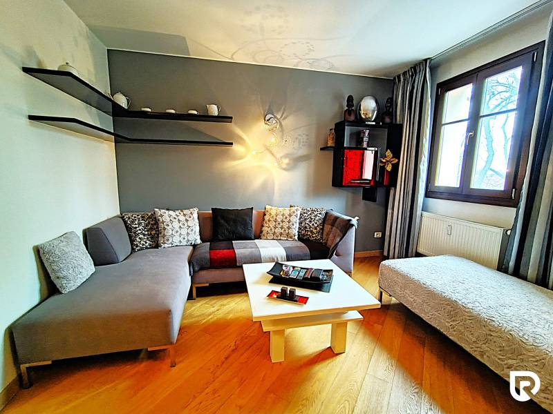 Living room in a two-room apartment with a sofa and wooden decor flooring.