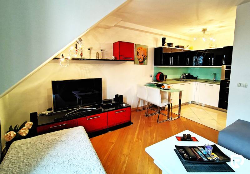 Living room with a kitchenette and a wooden decor floor in a 2-room apartment.