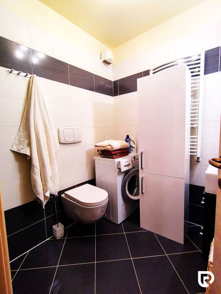 A bathroom in a 2-room apartment with a wall-hung toilet, washing machine, and dark tiles.