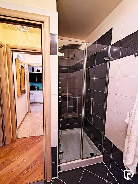 Bathroom in a 2-room apartment with a modern shower and a wooden decor floor.