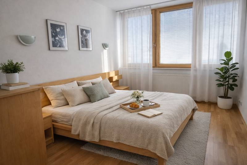 A bright bedroom with a bed, wood-patterned flooring, a plant, and paintings in a two-room apartment.