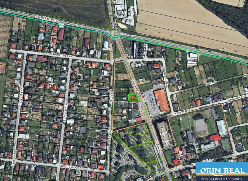 Satellite map of plots for sale in Bernolákovo on Dukelská Street.