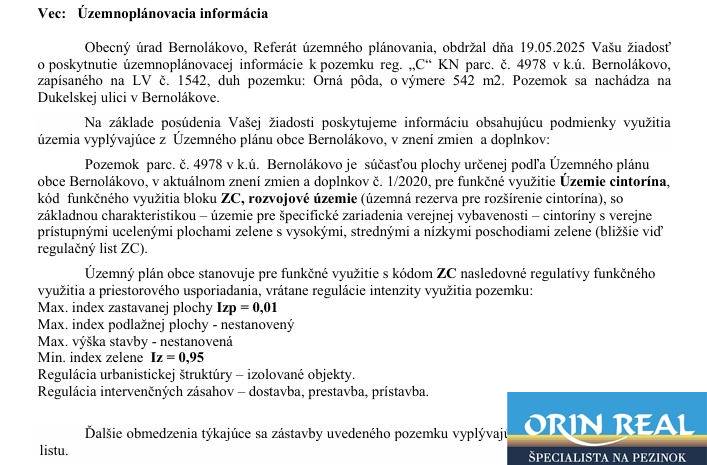 Zoning information for Bernolákovo, Dukelská Street, concerning commercial plots.