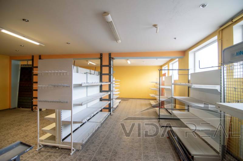 Interior with shelves, warehouses and halls, floor with wooden decor.