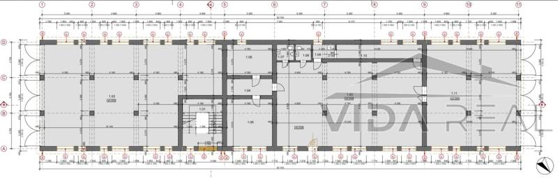 A floor plan showing the division of rooms within the warehouse and hall.