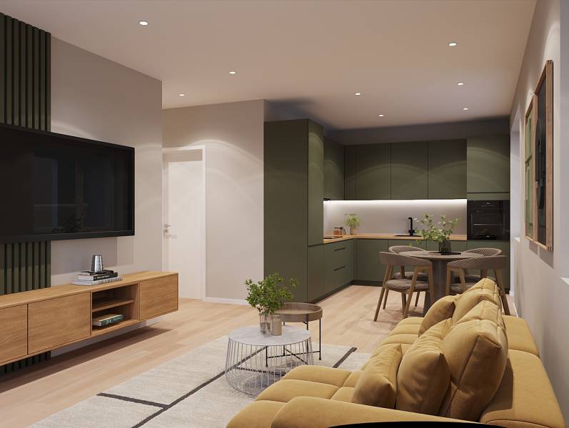 Living room in a one-bedroom apartment with a sofa, television, and kitchenette; floor with wooden decor.