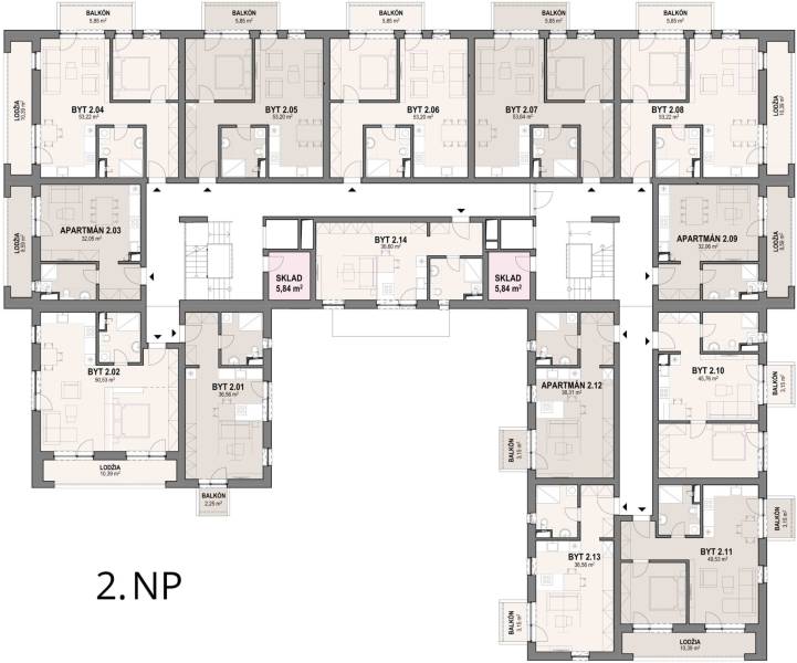 Floor plan of the second level with the layout of apartments and suites, including balconies and storage rooms.