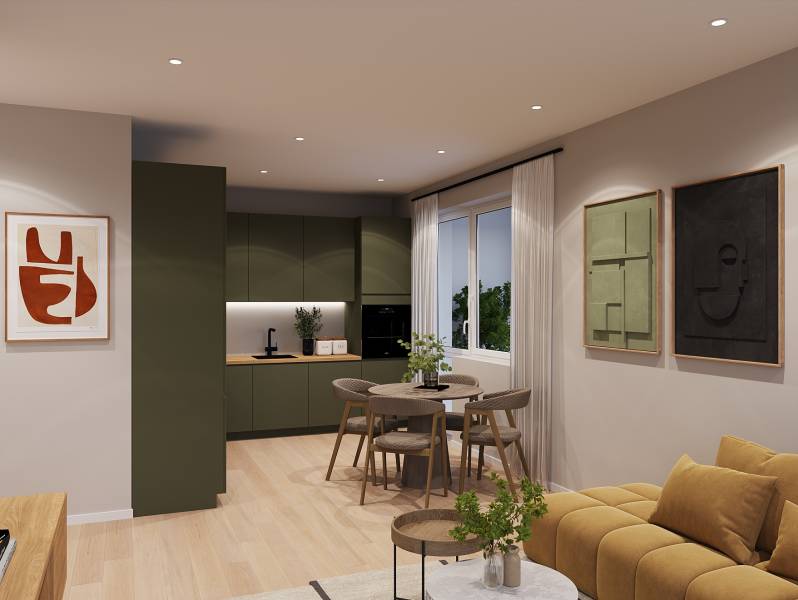 Living room with kitchen and dining area in a studio apartment with wood-patterned flooring.