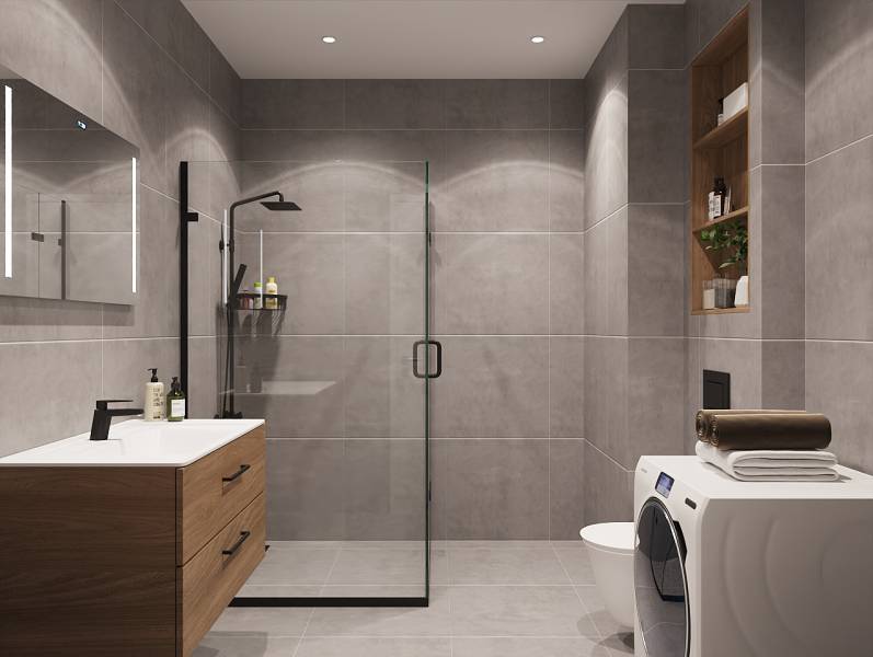 Bathroom with a shower, sink, washing machine, and shelves in a studio apartment.