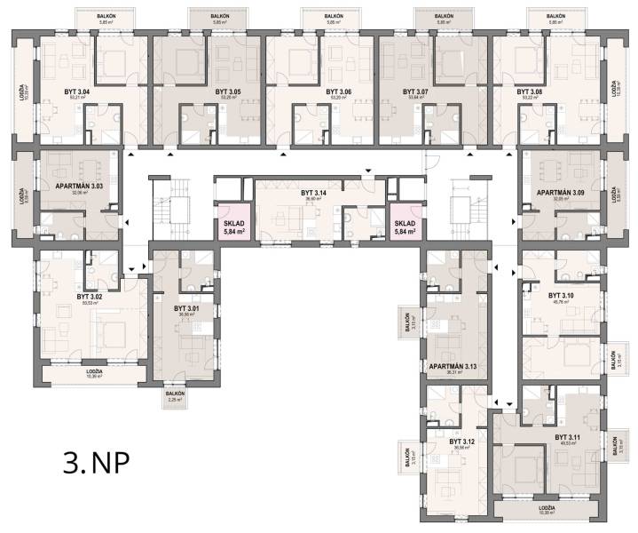 Floor plan of the 3rd floor with the layout of 1-bedroom apartments and a storage room.