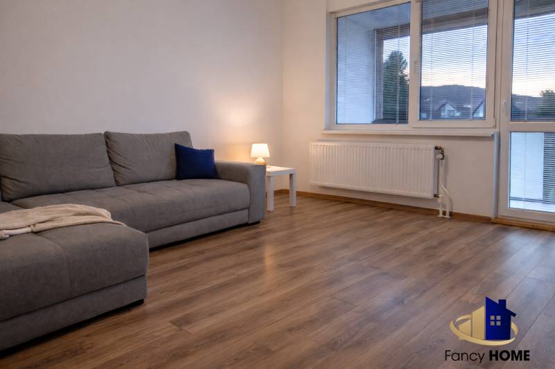 Living room in a 3-room apartment with a sofa and a wooden decor floor.
