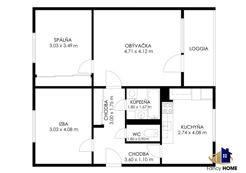 Floor plan of a 3-room apartment with a living room, kitchen, bathroom, and loggia.