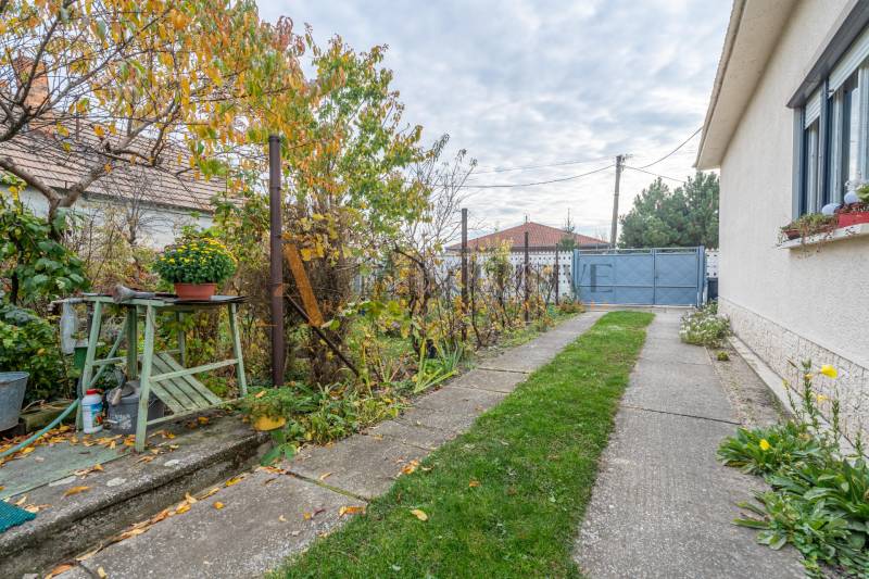 A garden at a family house in Veľké Dvorníky with greenery and outdoor seating.