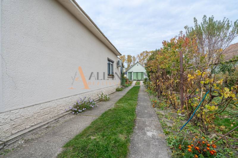 The sidewalk runs alongside a family house in Veľké Dvorníky with a garden full of plants.
