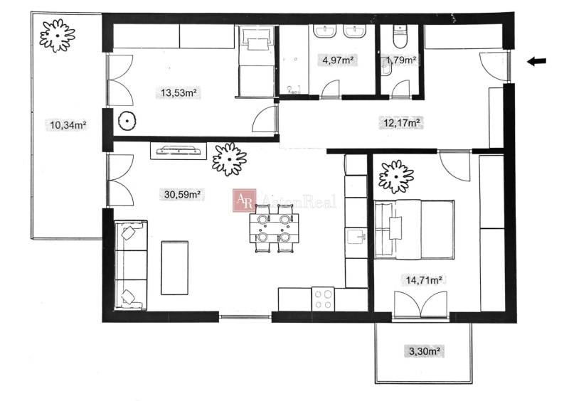 Floor plan of a 3-room apartment with a medium-sized kitchen and a spacious terrace.