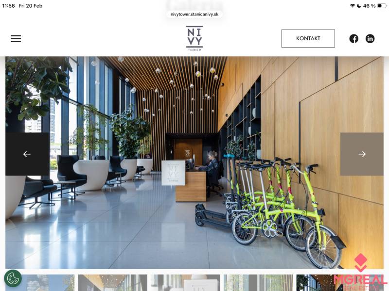 Offices with modern furniture, plants, and folding bicycles, floor with wooden decor.