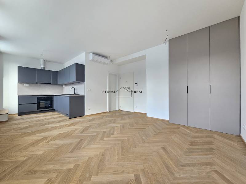 A kitchen in a studio apartment with a wood-patterned floor and a built-in wardrobe.