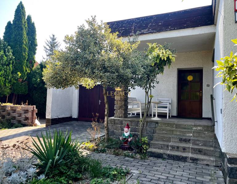 The exterior of a family house in Ivanka pri Dunaji with a terrace, a garden gnome, and a tree.