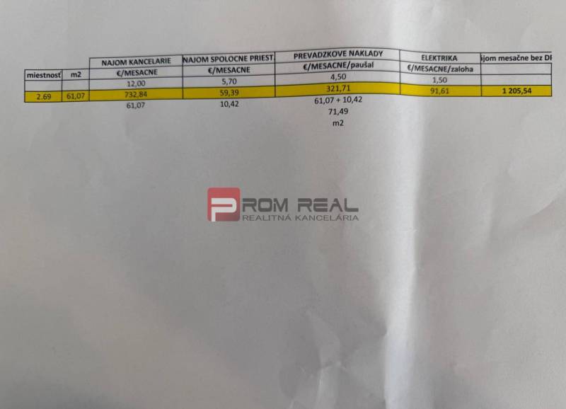 Price list for office rentals with fees, table with calculations, and real estate agency logo.