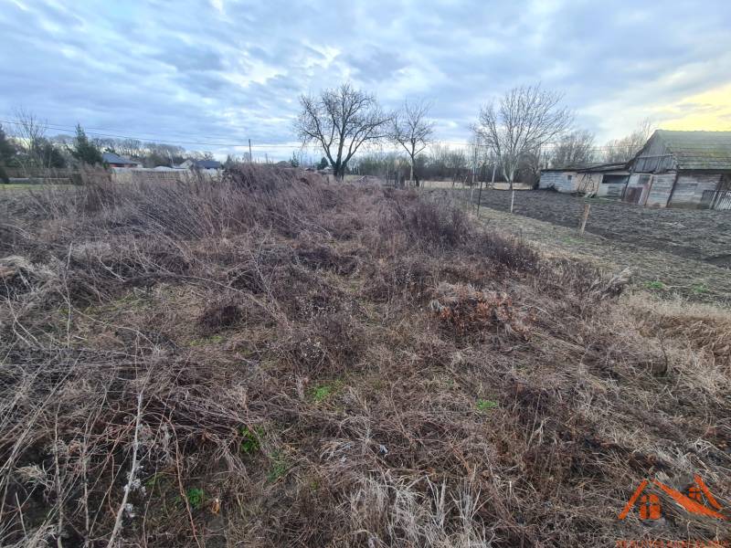Plots - housing in Martovce, undeveloped terrain, older wooden structures, trees, clouds in the sky.