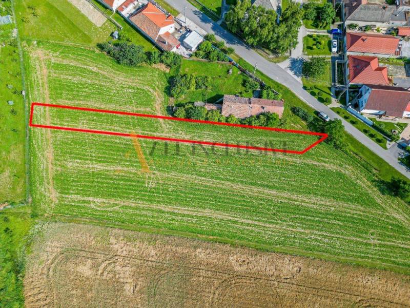 Aerial view of gardens in Košúty, Kosuty, highlighted plot.