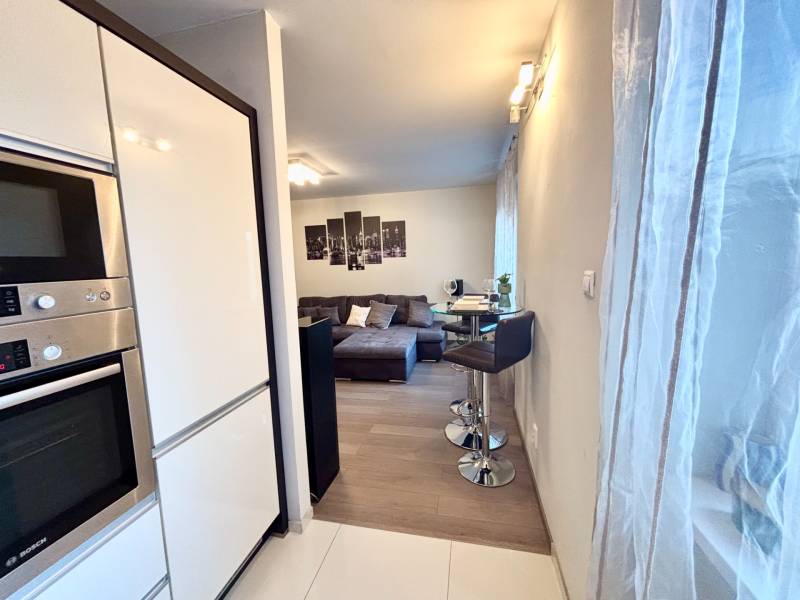 A kitchen corner with appliances, bar seating, and a view of the living room in a 2-room apartment.