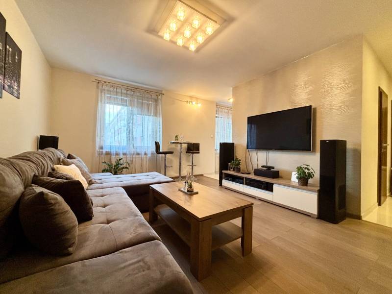 Living room in a two-room apartment with a sofa and a television, floor with wood decor.