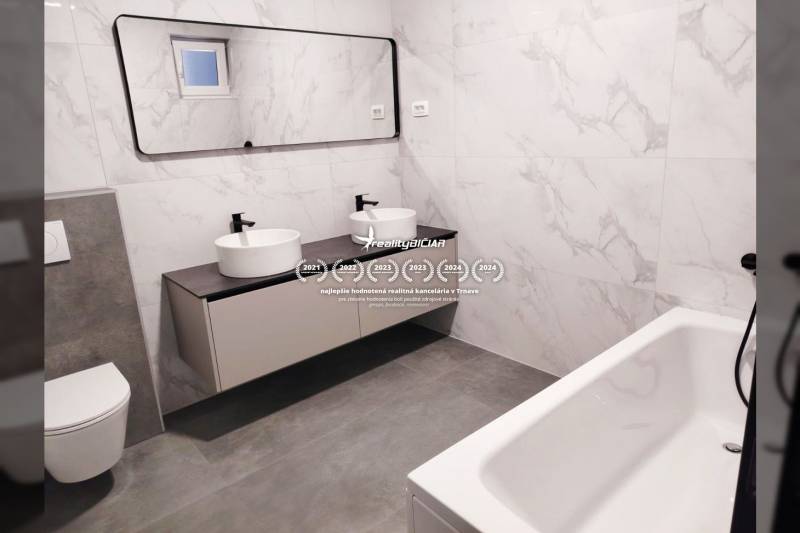 A bathroom in a family house with oval sinks, a mirror, and a bathtub.