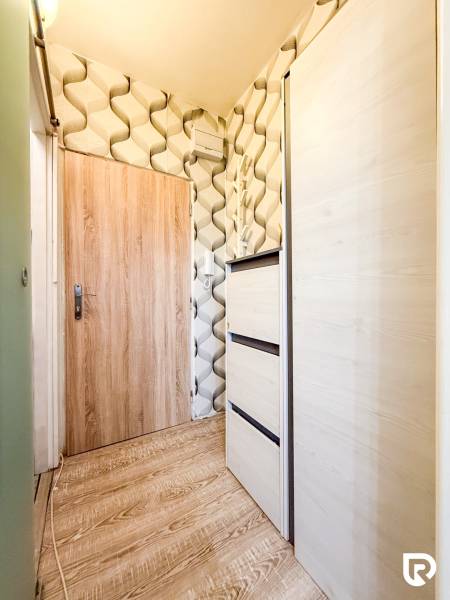 Studio apartment with wood-patterned flooring and stylish wallpaper, storage space.
