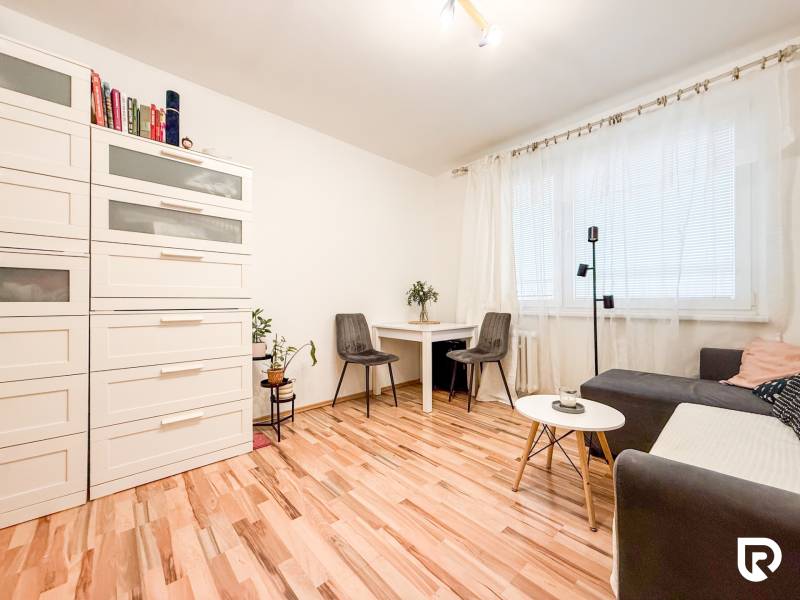 Studio apartment with a comfortable sofa, white furniture, and a wooden decor floor.