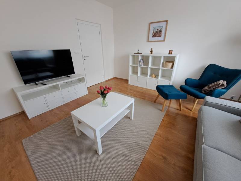 Living room in a three-room apartment with a wooden decor floor and simple furniture.